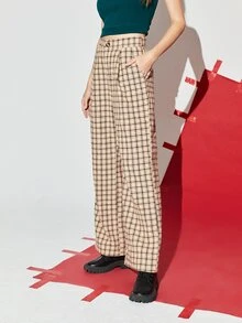 SHEIN EZwear 格紋印花羊毛混紡長褲 - 彩色 - 查看 2