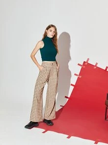 SHEIN EZwear 格紋印花羊毛混紡長褲 - 彩色 - 查看 3