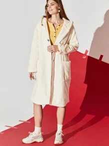 SHEIN EZwear Abrigo de hombros caídos con capucha forro polar - Blanco - Ver 5