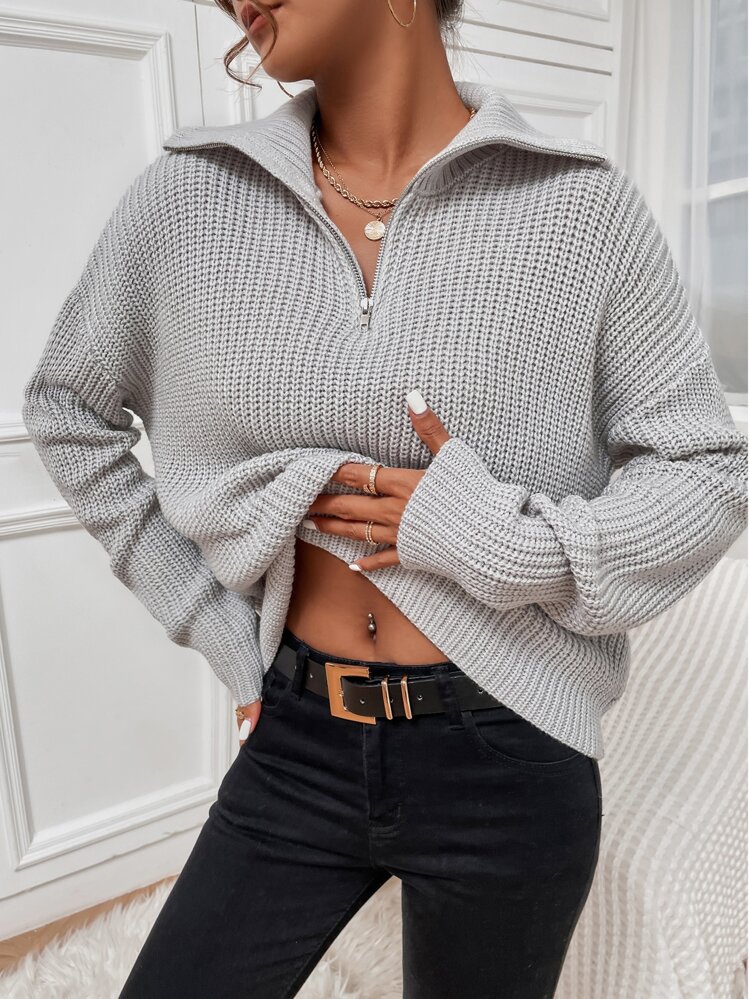 SHEIN Unity Ribbed Knit Half Zipper Drop Shoulder Sweater Knit Pullover Fall Winter Outfit - Light Grey - View 1