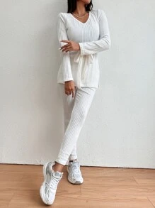 SHEIN LUNE 開衩下擺腰帶長T恤和緊身褲 - 白色 - 查看 1