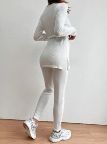 SHEIN LUNE 開衩下擺腰帶長T恤和緊身褲 - 白色 - 查看 2