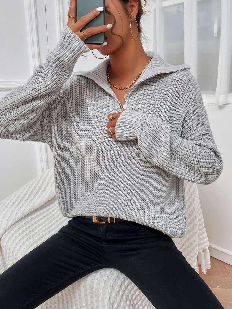 SHEIN Unity Ribbed Knit Half Zipper Drop Shoulder Sweater Knit Pullover Fall Winter Outfit - Light Grey - View 6