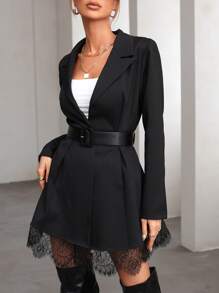 SHEIN Privé Lapel Neck Eyelash Lace Panel Belted Blazer - Black - View 3