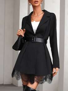 SHEIN Privé Lapel Neck Eyelash Lace Panel Belted Blazer - Black - View 4