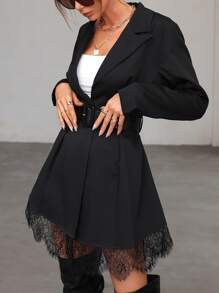 SHEIN Privé Lapel Neck Eyelash Lace Panel Belted Blazer - Black - View 5