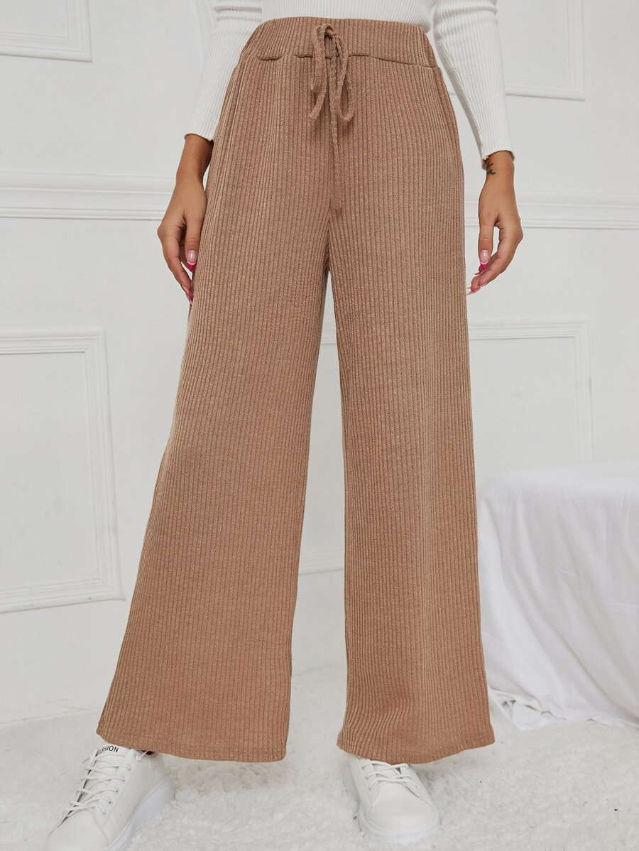 Pantalones de pierna ancha con cordón delantero tejido de canalé - Caqui - Ver 1