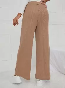 Pantalones de pierna ancha con cordón delantero tejido de canalé - Caqui - Ver 2