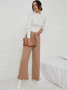 Pantalones de pierna ancha con cordón delantero tejido de canalé - Caqui - Ver 3