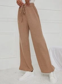 Pantalones de pierna ancha con cordón delantero tejido de canalé - Caqui - Ver 4