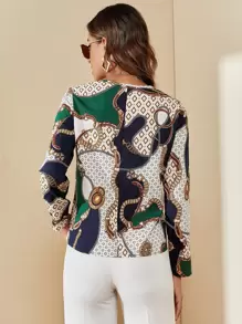 SHEIN Clasi Chain & Geo Print Notched Neckline Blouse - Multicolor - View 2