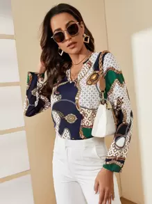 SHEIN Clasi Chain & Geo Print Notched Neckline Blouse - Multicolor - View 3