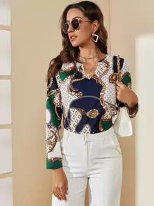 SHEIN Clasi Chain & Geo Print Notched Neckline Blouse - Multicolor - View 4