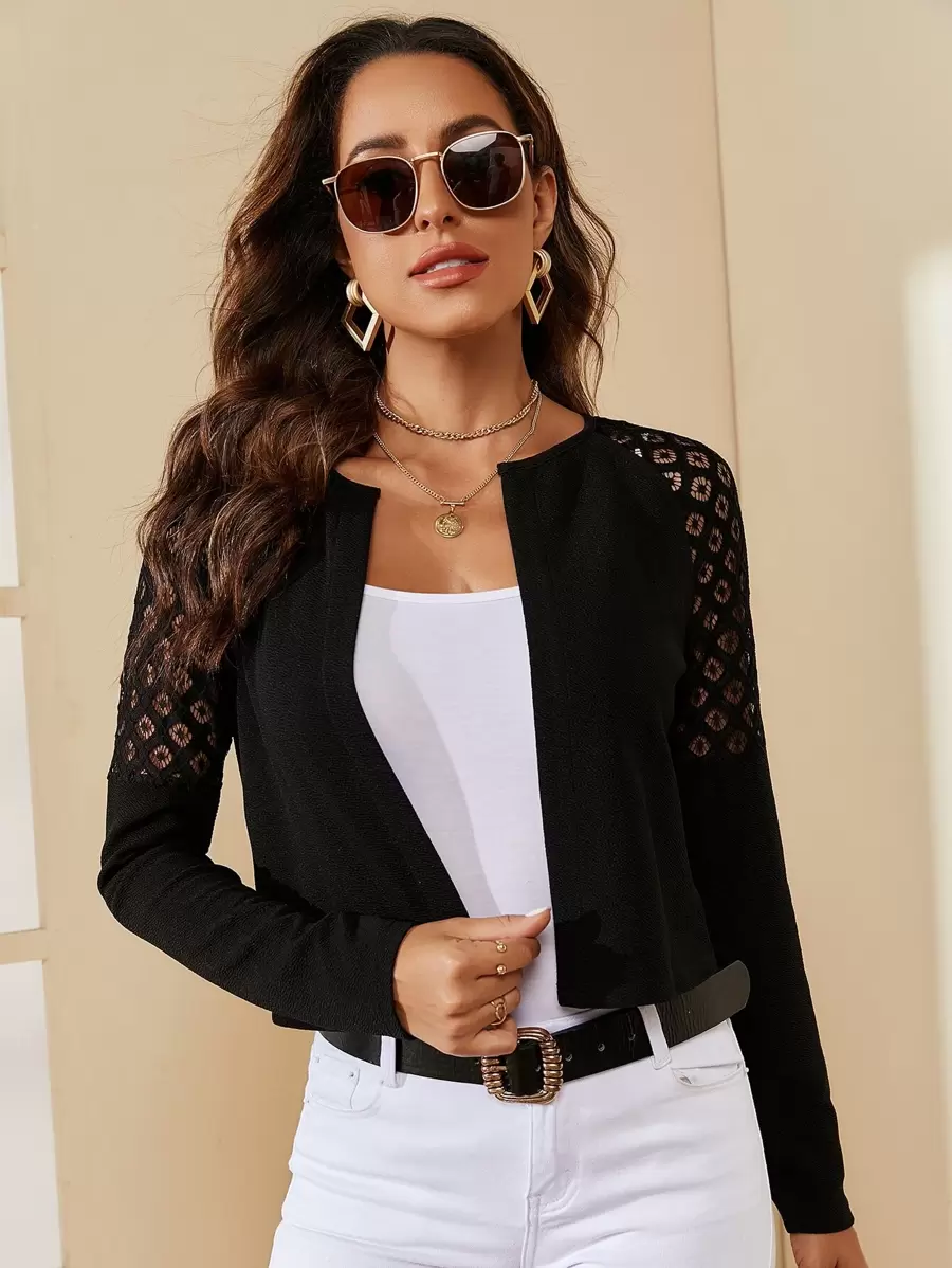 SHEIN Clasi Áo khoác nữ Tương phản ren màu trơn Giải trí - màu đen - Xem 1