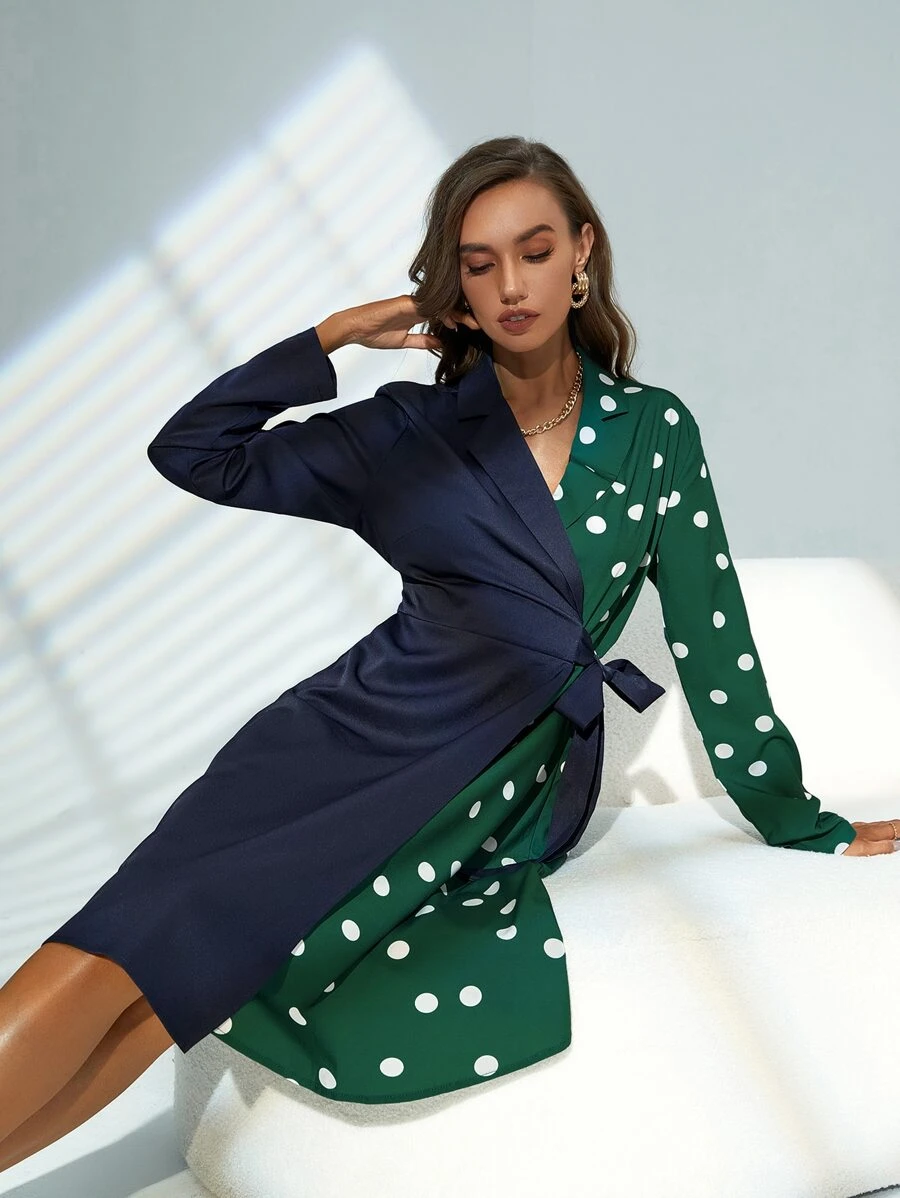 波卡圓點側繫帶西裝領連衣裙 - 彩色 - 查看 1