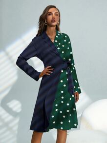 波卡圓點側繫帶西裝領連衣裙 - 彩色 - 查看 6