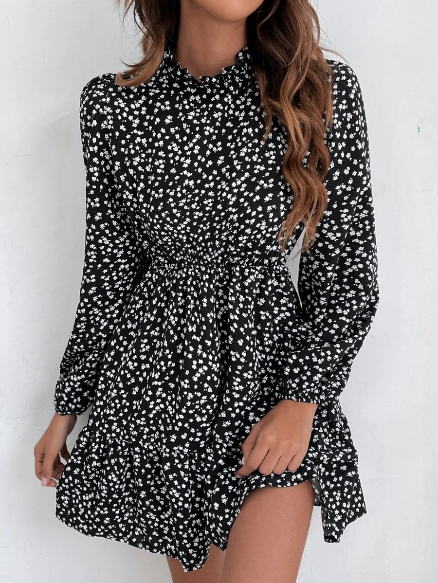 SHEIN Frenchy Đầm viền lá sen Họa tiết hoa Boho - Đen và trắng - Xem 1