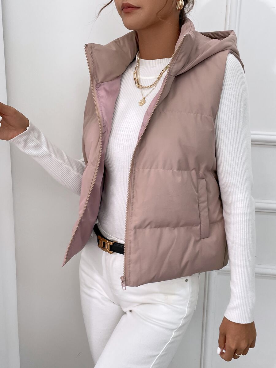 Zip Up Hooded Puffer Gilet - Dusty Pink - View 1