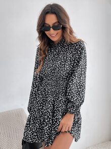 SHEIN Frenchy Đầm viền lá sen Họa tiết hoa Boho - Đen và trắng - Xem 5
