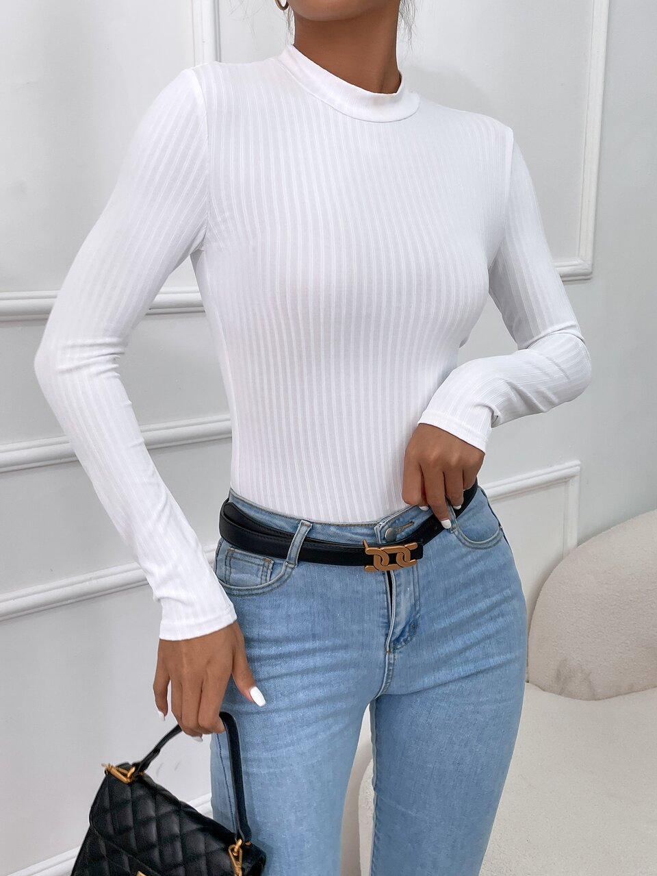 Mock Neck Ribbed Knit Tee