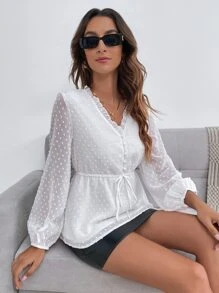 SHEIN Unity Swiss Dot Lantern Sleeve Frill Trim Drawstring Waist Blouse - White - View 1