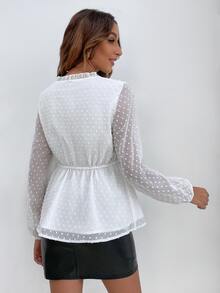 SHEIN Unity Swiss Dot Lantern Sleeve Frill Trim Drawstring Waist Blouse - White - View 2