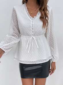 SHEIN Unity Swiss Dot Lantern Sleeve Frill Trim Drawstring Waist Blouse - White - View 3