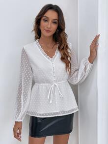 SHEIN Unity Swiss Dot Lantern Sleeve Frill Trim Drawstring Waist Blouse - White - View 5