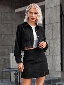 Pocket Patched Crop Corduroy Jacket & Split Hem Skirt - Black - View 4