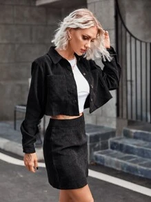Pocket Patched Crop Corduroy Jacket & Split Hem Skirt - Black - View 5