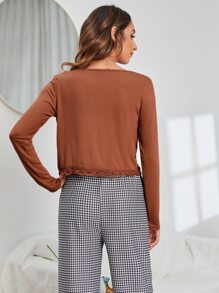 SHEIN LUNE 鏤空蕾絲花邊T恤 - 鏽棕色 - 查看 2