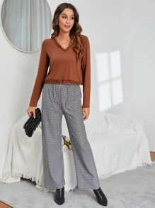 SHEIN LUNE 鏤空蕾絲花邊T恤 - 鏽棕色 - 查看 3