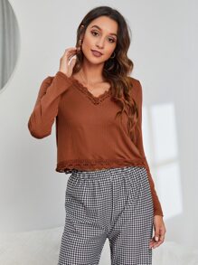 SHEIN LUNE 鏤空蕾絲花邊T恤 - 鏽棕色 - 查看 5