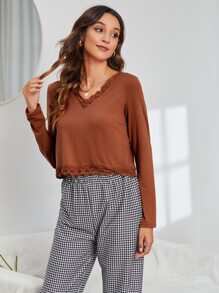 SHEIN LUNE 鏤空蕾絲花邊T恤 - 鏽棕色 - 查看 6