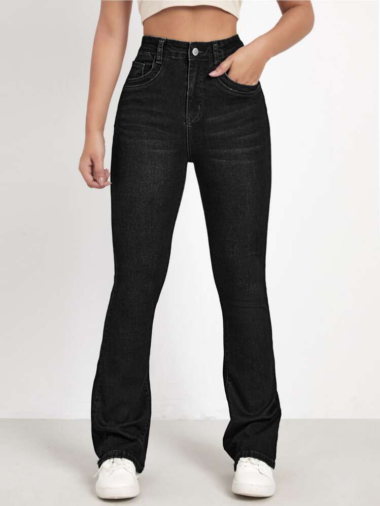 SHEIN EZwear High Waist Bleach Wash Flare Leg Jeans - Black - View 1