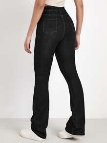 SHEIN EZwear High Waist Bleach Wash Flare Leg Jeans - Black - View 2