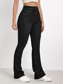SHEIN EZwear High Waist Bleach Wash Flare Leg Jeans - Black - View 4