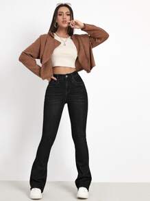 SHEIN EZwear High Waist Bleach Wash Flare Leg Jeans - Black - View 5
