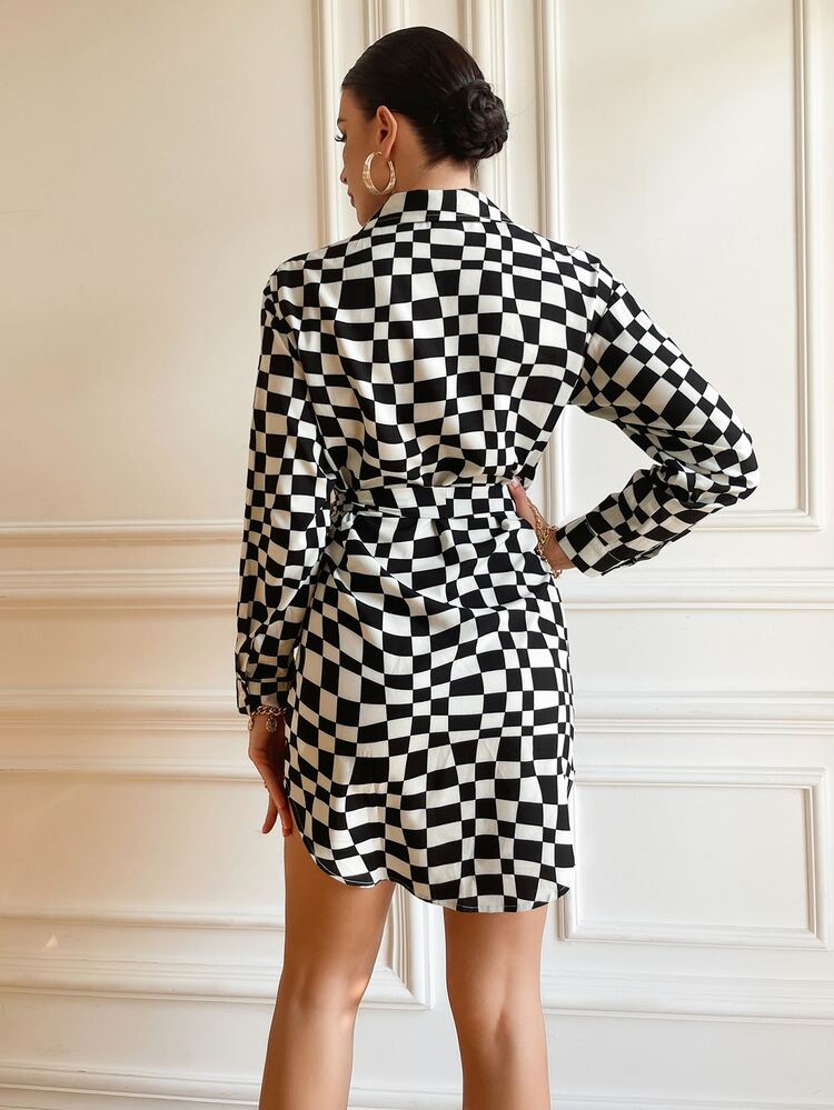Allover Geo Print Belted Shirt Dress - Black and White - View 2