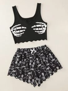 Plus Skeleton Print Scallop Trim Tank Top & Shorts PJ Set - Black and White - View 3