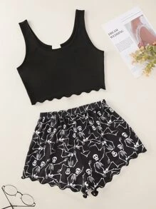 Plus Skeleton Print Scallop Trim Tank Top & Shorts PJ Set - Black and White - View 2