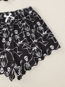 Plus Skeleton Print Scallop Trim Tank Top & Shorts PJ Set - Black and White - View 4