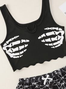 Plus Skeleton Print Scallop Trim Tank Top & Shorts PJ Set - Black and White - View 5