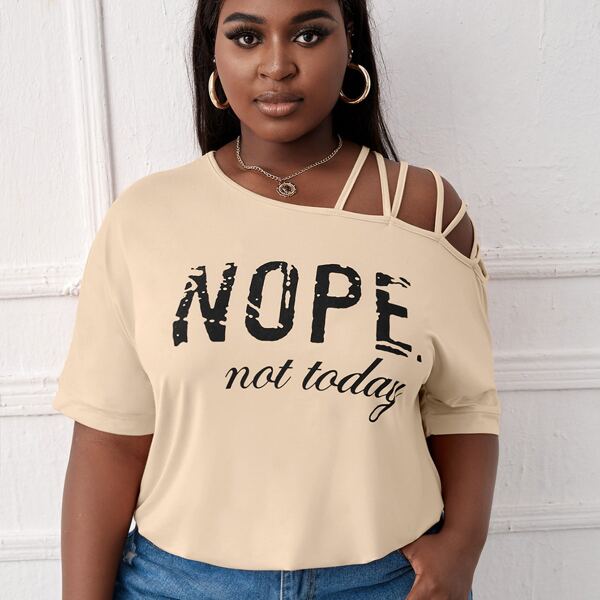 

Plus Slogan Graphic Asymmetrical Neck Tee, Apricot