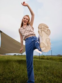 休閒幾何女士毛衣馬甲 - 卡其色 - 查看 3