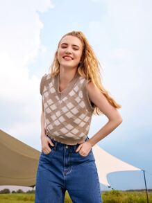 休閒幾何女士毛衣馬甲 - 卡其色 - 查看 4