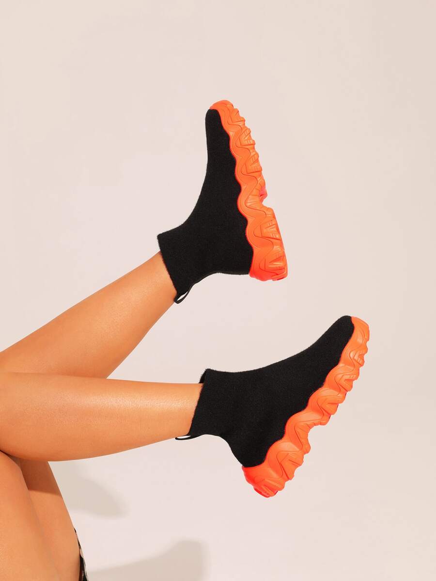 CUCCOO BASICS Knit Detail Slip On Sock Sneakers Tainers - Black - View 1