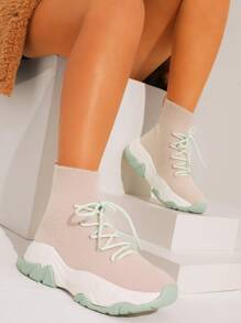 Sock Design Knit Lace-up Sneakers - Pink - View 2