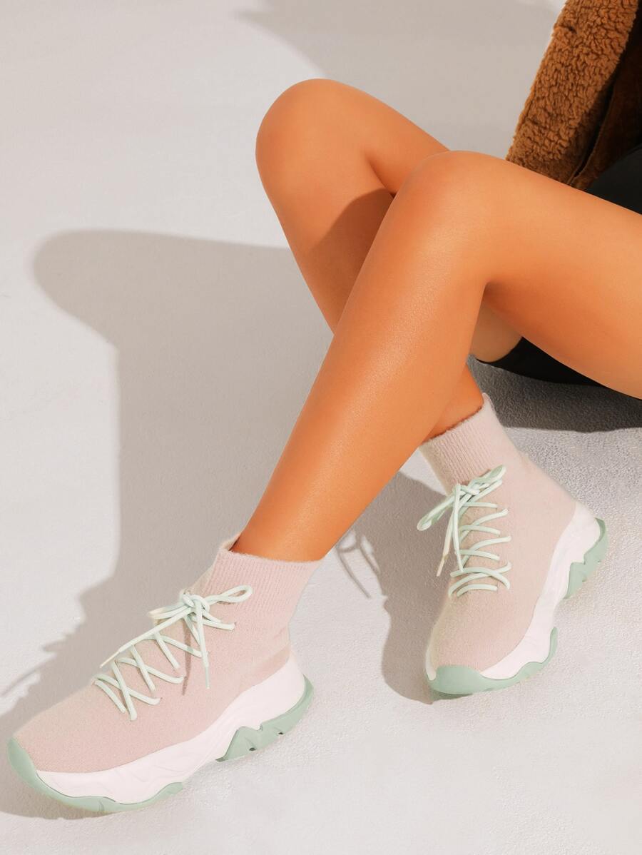 Sock Design Knit Lace-up Sneakers - Pink - View 1