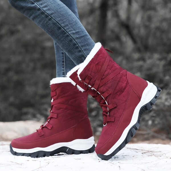 

Textured Lace-up Front Snow Boots, Burgundy